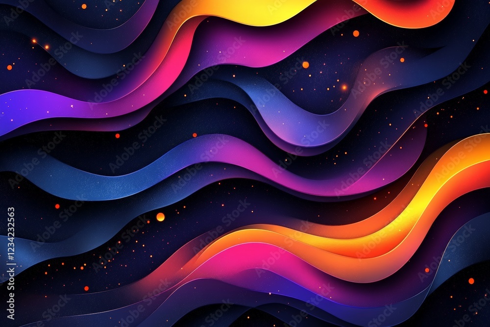 Poster Vibrant abstract waves with dynamic colors flowing across a dark background in a stunning digital design