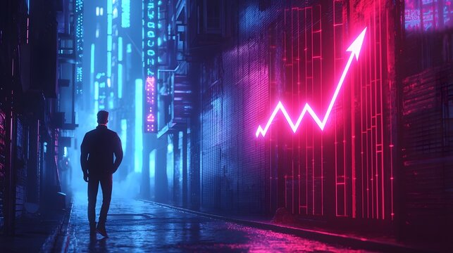 Entrepreneur Charting Future Growth and Success Through Glowing Futuristic Technology and Data in Moody Neon-Lit Urban Alleyway