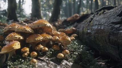 Vibrant Yellow Mushrooms Growing on Decaying Log in Forest