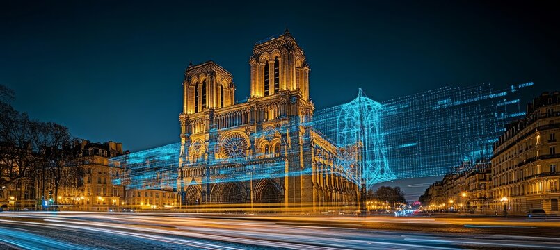 Historic Architecture Digital Design. Notre Dame Cathedral as Holographic Blueprint Night Paris