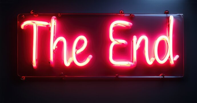 Neon sign displaying The End in glowing red, casting an eerie light on the dark background, evoking finality, closure, and cinematic nostalgia with a retro-futuristic vibe