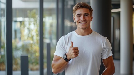 A young man gives a thumbs up, smiling confidently in a modern setting.  Positive vibes and success.