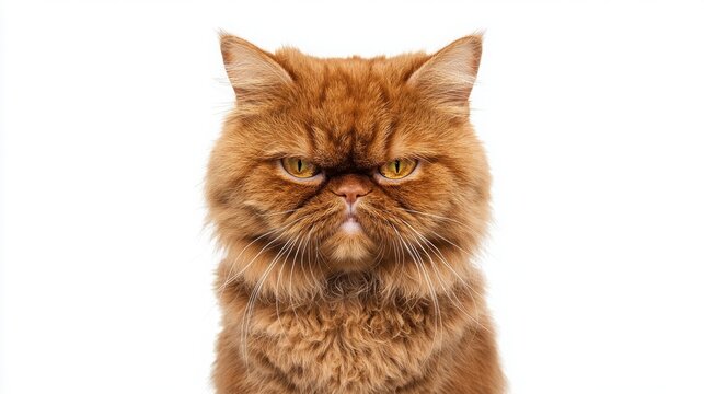 Grumpy ginger cat stares intently at the camera.  A fluffy Persian with intense golden eyes.