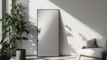 Minimalist Frameless Rectangular Mirror in Sunlit Modern Interior with Greenery
