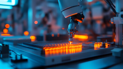 An ultra-modern laboratory with robotic scientists performing intricate surgeries on a micro scale, with glowing neon accents highlighting the work, during a futuristic research scene