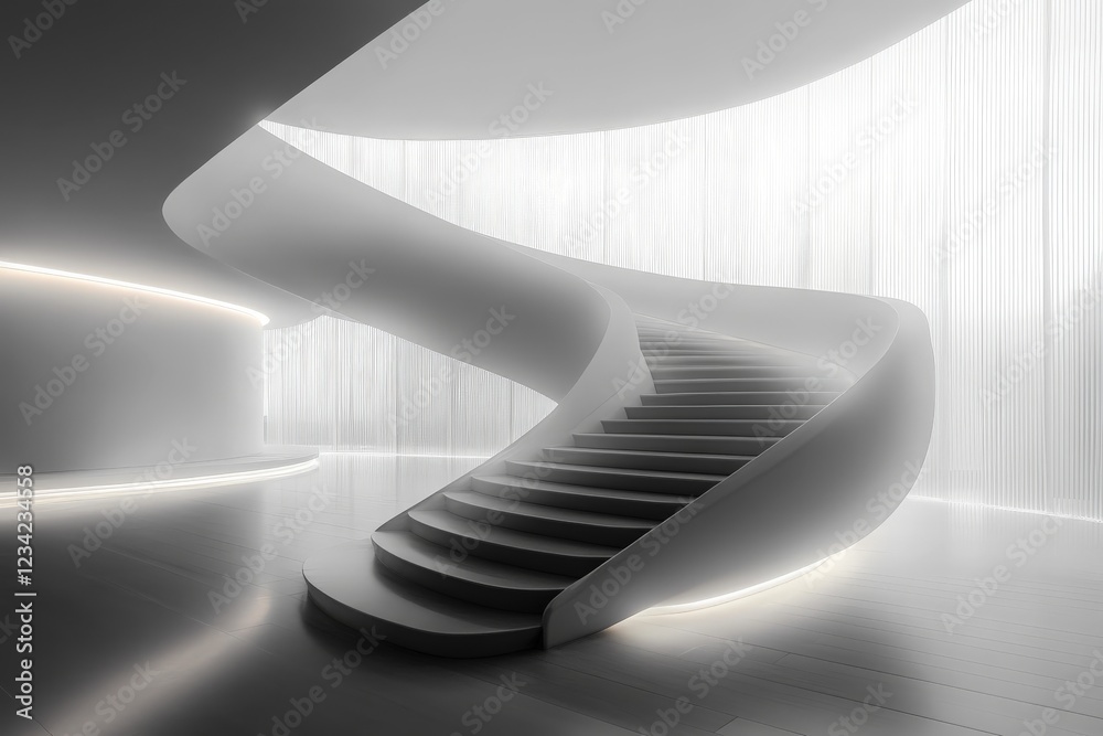 Poster Modern spiral staircase illuminated by soft lights in a minimalistic interior design space