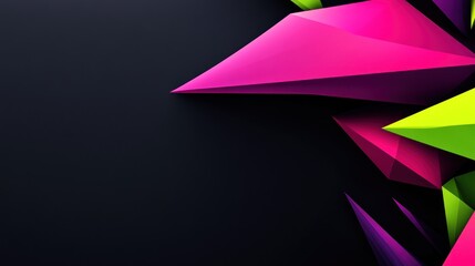 Abstract geometric background with vibrant pink, purple, and lime green 3D shapes on a dark background.