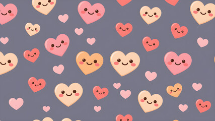 Fototapeta premium Flat design vector-style image of seamless pattern of hearts with kawaii smile, 3D. Generative AI