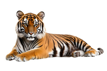 Fototapeta premium A beautiful tiger with bold orange stripes, lying on its stomach with a focused gaze. Transparent background