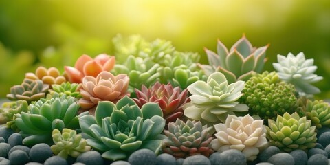 Fototapeta premium Succulent plants arrangement on pastel colored background. Potted succulent house plants. Flat lay, top view, copy space