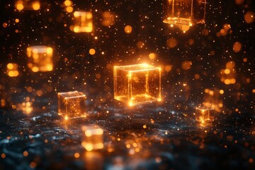 A mesmerizing scene of glowing cubes floating in a dark, sparkly environment.