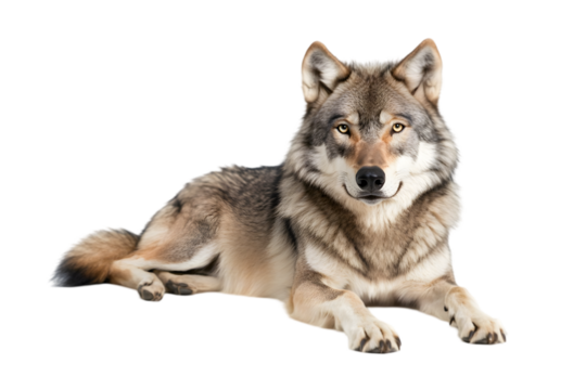 A large grey wolf with sharp features and fluffy fur, lying on a white surface. Transparent background


