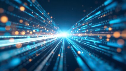 Obraz premium Speed Motion Light Trail with Abstract Symbols. Information Transfer. Dynamic Data Analysis Flow. Information Technology motion effect. Blurred light blue and light yellow gradient shad. 