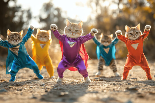 Eine Gruppe von Katzen in bunten Superhelden Kost&uuml;men, die in lustigen Posen tun, als ob sie die Welt auf spielerische Weise retten, voller Energie und Abenteuergeist.