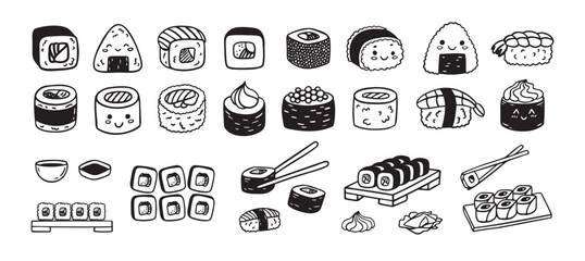 Sushi funny doodle set. Japanese hand drawn Food Sketch Icons. Kawaii drawing