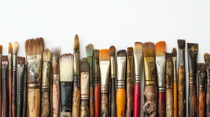 Naklejka premium Used paintbrushes arranged on white background; art supplies, craft, hobby, studio