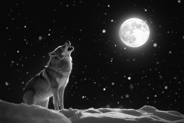 Coyote howls at the full moon in a snowy landscape during a winter night