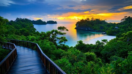 Obraz premium Tropical islands tranquil private concept. A serene landscape featuring lush greenery, calm waters, and a vibrant sunset, creating a picturesque tropical scene.