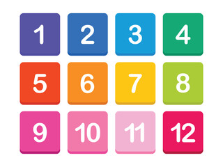 Number digit icon set. Set of colorful square number buttons isolated on white background. Markers with number 1 to 12. Modern vector illustration.