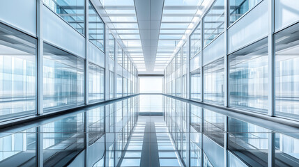Futuristic Glass Corridor with Symmetrical Reflections and Bright Natural Lighting