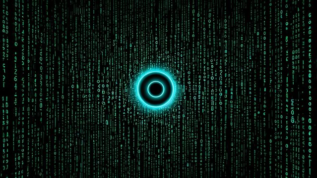 Abstract digital art depicting a glowing circle amidst a cascading stream of teal binary code, symbolizing data flow and technological advancement.
