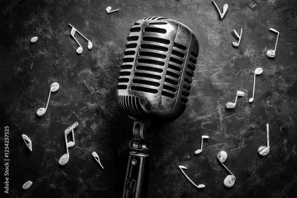 Poster classic microphone surrounded by musical notes on a textured background