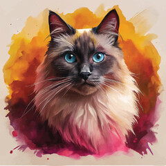 Watercolor illustration of a Ragdoll cat with its striking blue eyes and soft fur