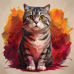 Watercolor illustration of a Scottish Fold cat with its unique folded ears and round face