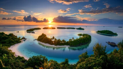 Tropical islands tranquil private concept. A breathtaking view of a tropical landscape featuring lush islands surrounded by turquoise waters and a vibrant sunset sky.