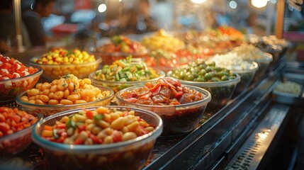Obraz premium Bowls of different types of food are sitting on a counter, food background