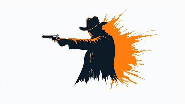 A minimalist flat vector silhouette of a cowboy aiming with a gun, with a simple, clean background that emphasizes the character readiness and power