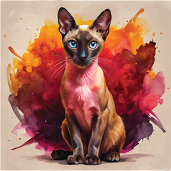 Watercolor illustration of a Siamese cat with its striking blue eyes and elegant body