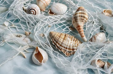 A beautiful arrangement of seashells and a fishing net resting on a soft blue background