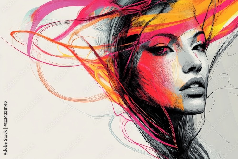 Aufkleber Vibrant artistic rendering of a female portrait with colorful brush strokes and dynamic lines