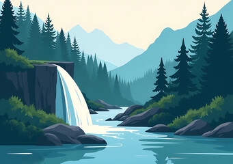 river flows waterfall dense mountain forest