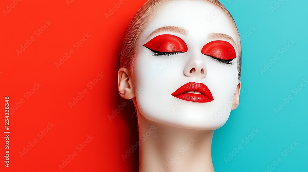 Wall mural A striking beauty portrait featuring bold red makeup against a minimalist dual-color background of red and turquoise.