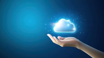 Hand holding cloud icon with glowing effect on blue background, symbolizing cloud security in financial services, innovative data storage and protection