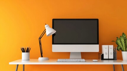 Desktop computer setup with a widescreen monitor, keyboard, and desk lamp on an orange surface.