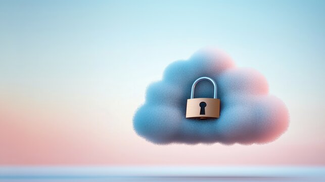 Cloud with padlock on pastel background, representing cloud security in financial services, secure and accessible data storage solutions