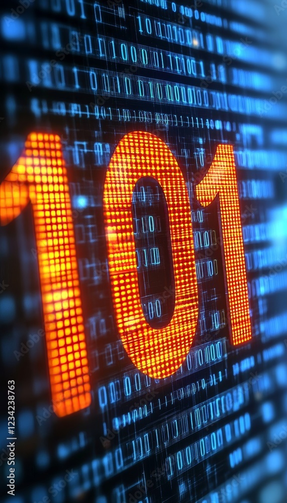 Poster glowing digital number 101 on abstract background - business, binary code, technology.