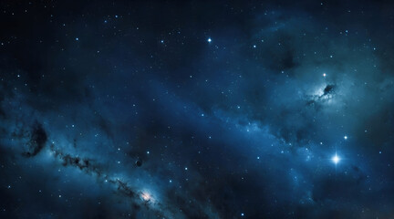 A  vast expanse of deep space.  Numerous stars of varying brightness are scattered throughout the image.  Dark, swirling nebulae and clouds of gas and dust are visible, exhibiting a range of shades