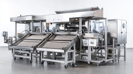 Factory floor with large industrial machines working on raw materials in an organized workspace with a white background