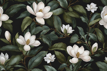 A seamless pattern of magnolia blossoms and leaves.  Multiple magnolia flowers in various stages of bloom, ranging from fully open to buds, are featured. The flowers are a soft white with subtle shadi