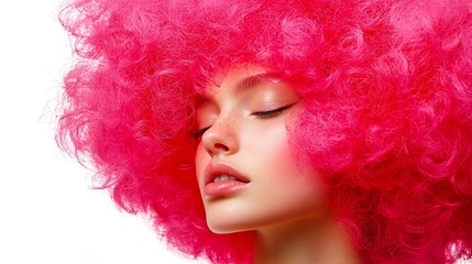 Fototapeta premium A vibrant portrait of a model with bright pink, curly hair, showcasing a serene expression against a clean white background.
