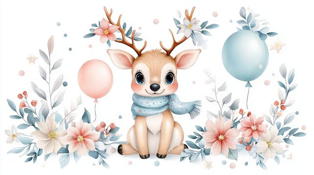 A playful reindeer with a cute scarf and antlers, sitting among flowers and balloons. Perfect illustration for baby shower decorations and clipart sets.