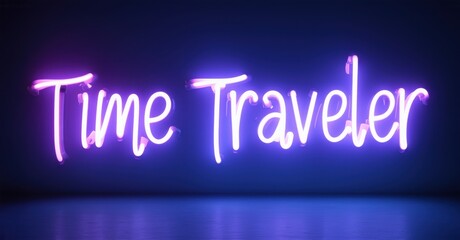 Obraz premium Soft neon letters forming Time Traveler glowing under a deep night sky. The purple luminescence gives a futuristic and mysterious aura evoking a sense of time displacement