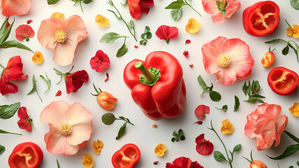 Red Bell Pepper Flowers Flatlay Vibrant Still Life