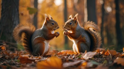 Two adorable squirrels are joyfully playing together amidst the vibrant autumn leaves