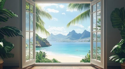 Open window revealing stunning exotic beach, mountains, or famous landmark view