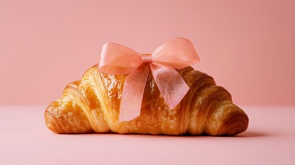 Croissant with a soft pink ribbon on a pastel pink background. Food for thought, self-care, copy space concept.